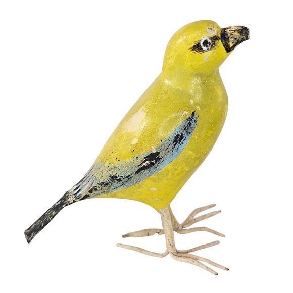 Antique Hand Painted Yellow Wood & Metal Bird Figurine *FLAWS*